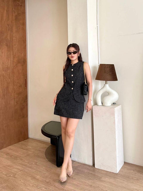 Women Sleeveless Button Down Tops With Mini Skirts Sets